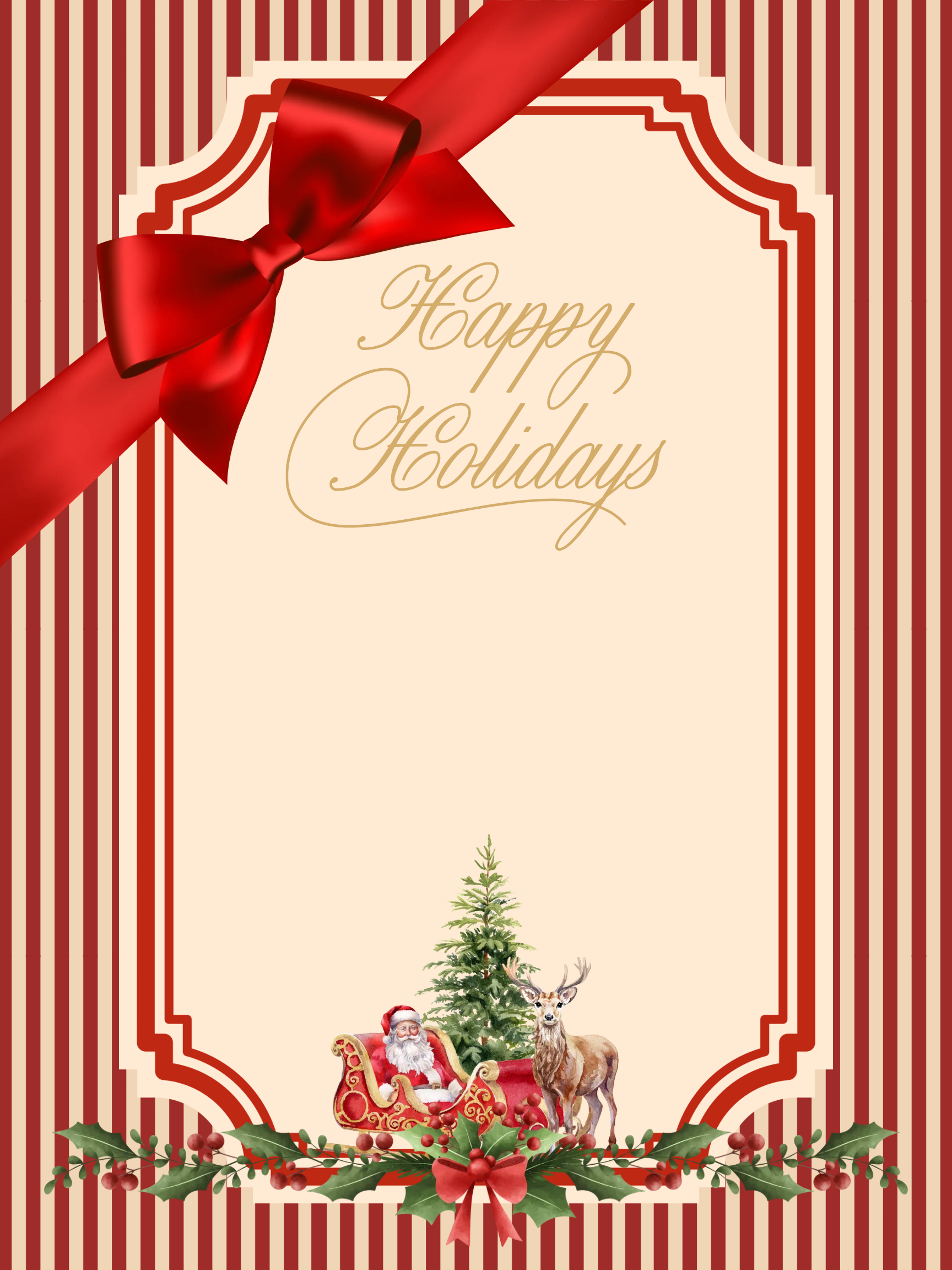 Holiday card with red stripes, a large red bow, gold script reading Happy Holidays, and a small winter scene.